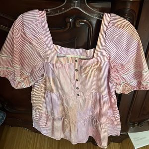 Puff sleeve lace striped button up anthropology top